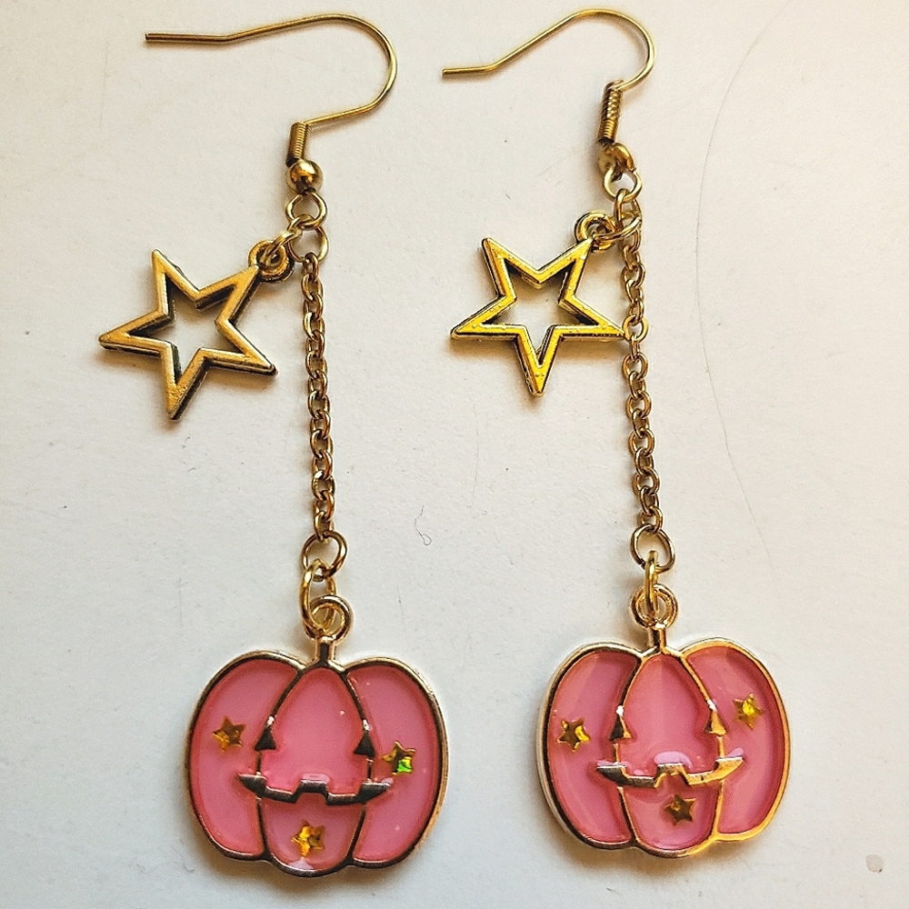 Handmade Halloween Pink Star Pumpkin Earrings